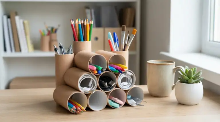 Organizer da scrivania fai da te con rotoli di carta igienica per penne, matite, pennarelli e cavi