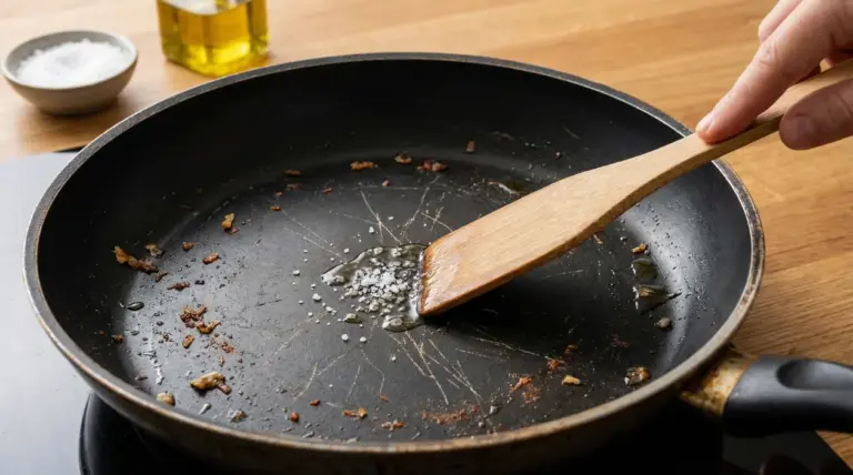 Padella antiaderente graffiata con sale e olio, pulita con spatola di legno su piano cucina