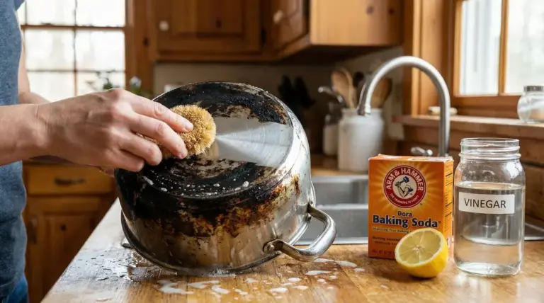 Mani che puliscono il fondo di una pentola annerita con spazzola, vicino a bicarbonato, aceto e limone in cucina