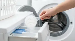 Una persona versa polvere di percarbonato nella vaschetta del detersivo della lavatrice a carica frontale