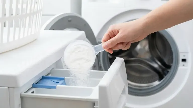 Una persona versa polvere di percarbonato nella vaschetta del detersivo della lavatrice a carica frontale