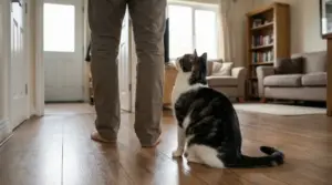 Gatto seduto sul pavimento che guarda una persona in casa, come se la seguisse da una stanza all’altra