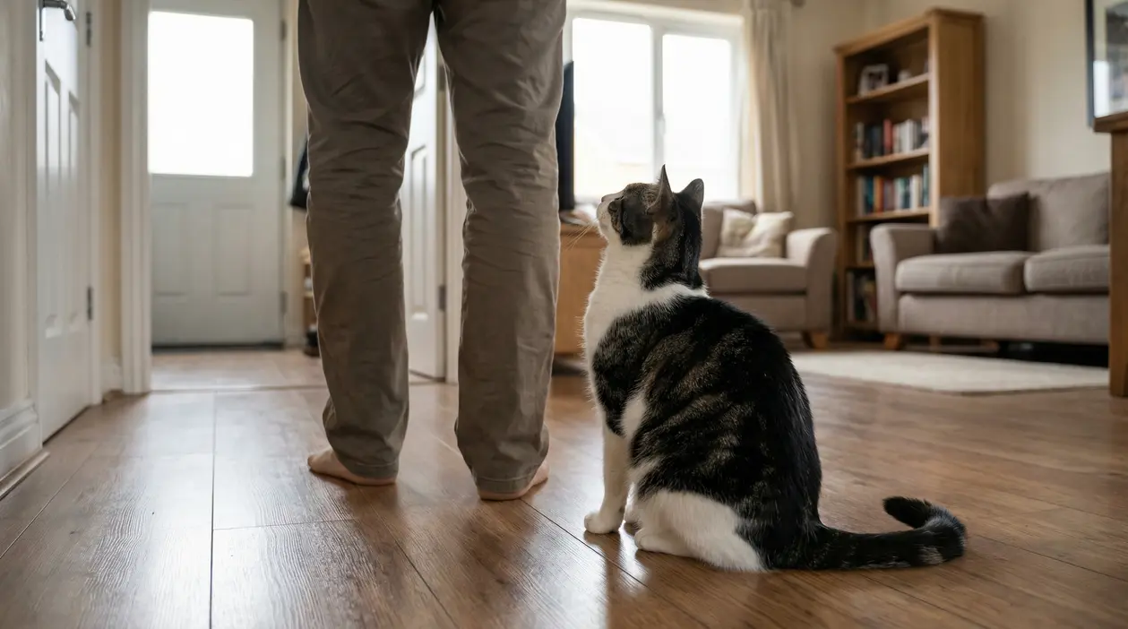 Gatto seduto sul pavimento che guarda una persona in casa, come se la seguisse da una stanza all’altra