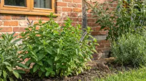 Pianta aromatica vicino a una casa, con un topo nel terreno dell’aiuola in giardino