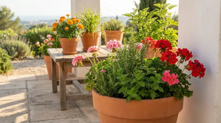 Vasi di erbe aromatiche e fiori su una terrazza soleggiata, ideali per profumare e tenere lontane le zanzare