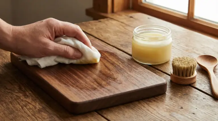 Mano che applica un prodotto naturale su un tagliere di legno con panno, accanto a vasetto e spazzolina