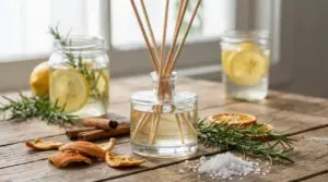 Profumatore fai da te con bastoncini in bottiglia di vetro, con agrumi, rosmarino, cannella e sale su tavolo in legno