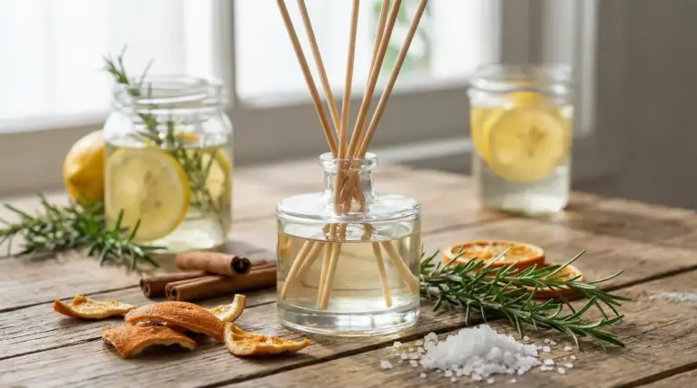 Profumatore fai da te con bastoncini in bottiglia di vetro, con agrumi, rosmarino, cannella e sale su tavolo in legno