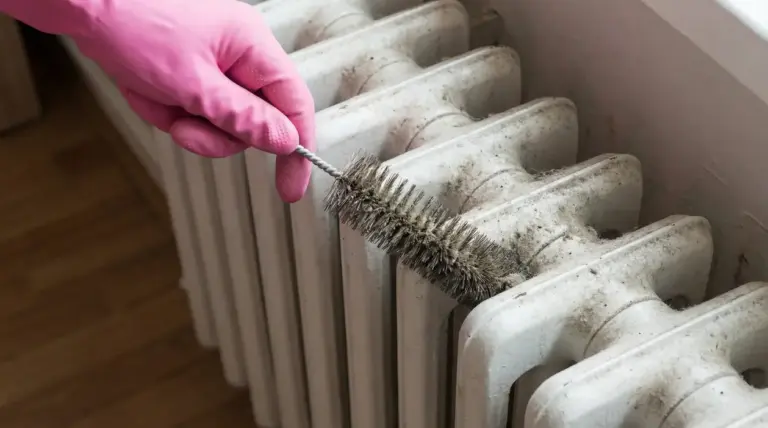 Mano con guanto rosa pulisce un termosifone in ghisa polveroso con spazzola sottile tra gli elementi