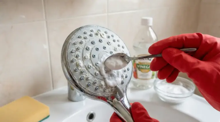 Pulizia del soffione doccia incrostato di calcare con rimedio naturale a base di aceto e bicarbonato