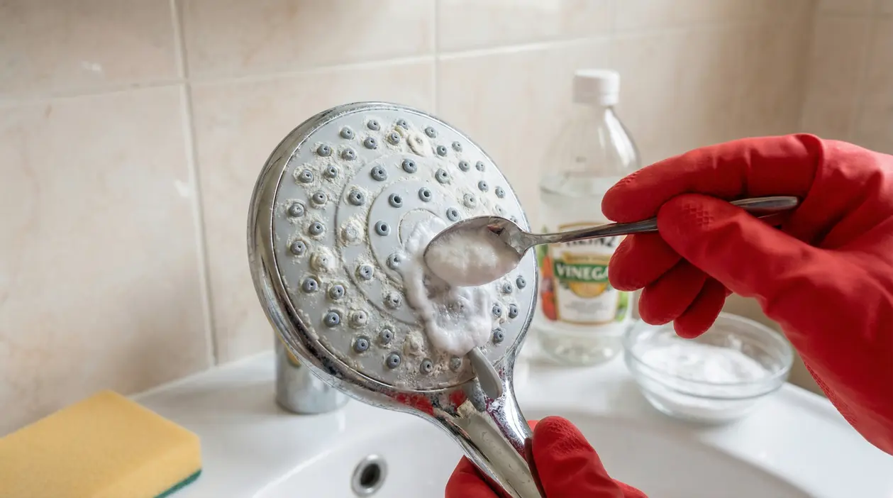 Pulizia del soffione doccia incrostato di calcare con rimedio naturale a base di aceto e bicarbonato