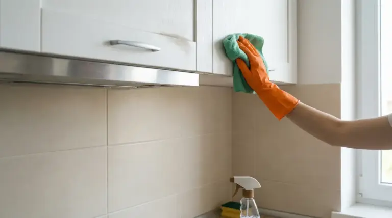 Una persona pulisce l’anta del pensile della cucina con panno in microfibra e guanti, vicino alla cappa