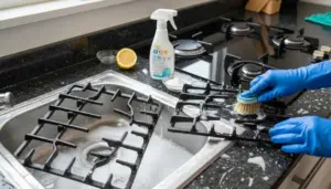 Mani con guanti che strofinano una griglia del piano cottura con spazzola e detergente vicino al lavello