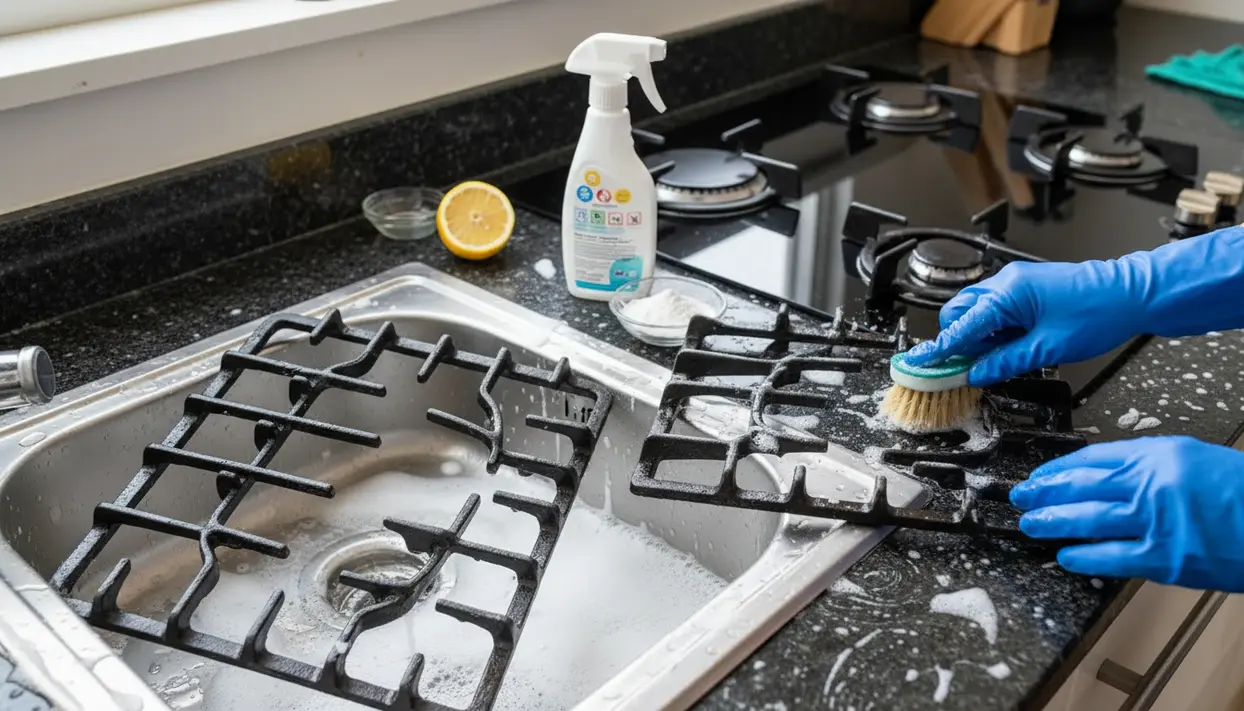 Mani con guanti che strofinano una griglia del piano cottura con spazzola e detergente vicino al lavello