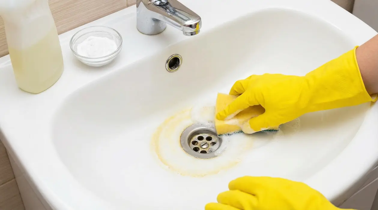 Mani con guanti gialli puliscono il lavandino del bagno rimuovendo un cerchio giallo di calcare attorno allo scarico