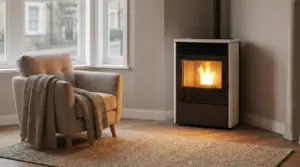 Stufa moderna con fiamma accesa in soggiorno, accanto a una poltrona con coperta vicino alla finestra