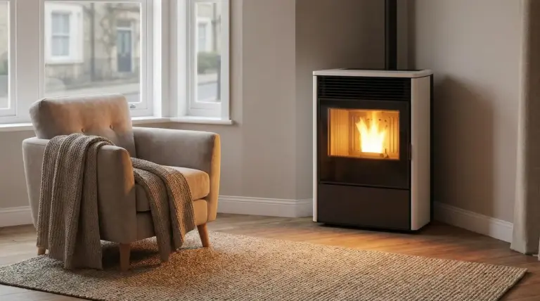 Stufa moderna con fiamma accesa in soggiorno, accanto a una poltrona con coperta vicino alla finestra