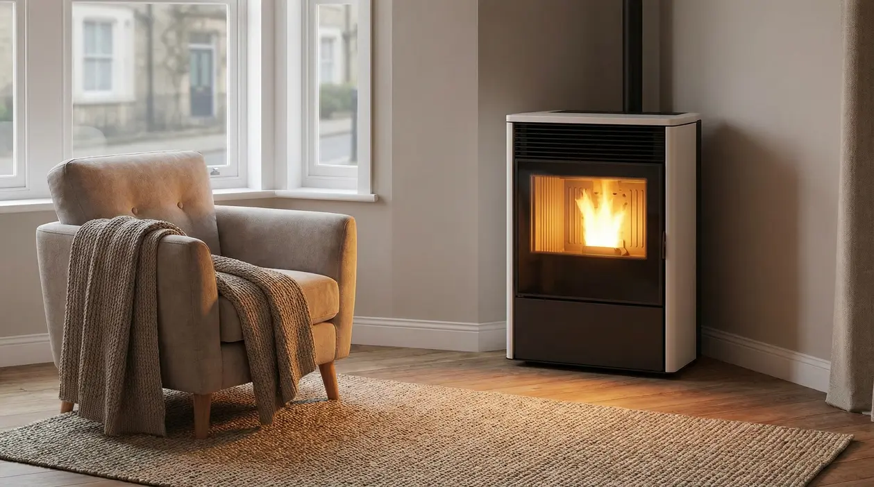 Stufa moderna con fiamma accesa in soggiorno, accanto a una poltrona con coperta vicino alla finestra