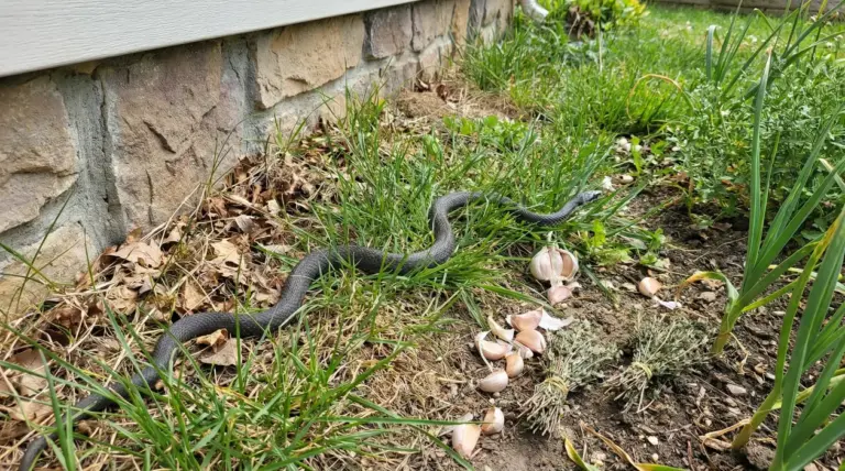 Serpente nel giardino vicino al muro di casa, tra erba alta e aiuola