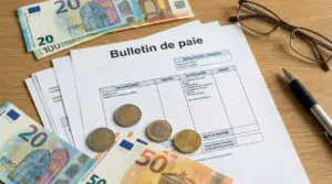 Busta paga francese su scrivania con banconote e monete in euro, occhiali e penna