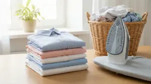 Pila di camicie piegate con ferro da stiro su asse e cesto di bucato, in un ambiente domestico luminoso