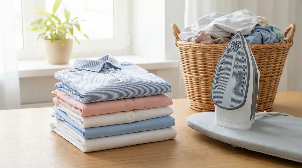 Pila di camicie piegate con ferro da stiro su asse e cesto di bucato, in un ambiente domestico luminoso