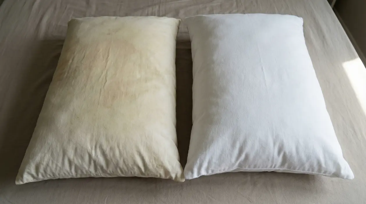 Due cuscini su un letto: uno ingiallito e uno bianco, a confronto per mostrare l’effetto della pulizia