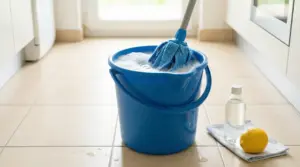 Secchio con acqua saponata e mop in microfibra su pavimento, con bottiglia e limone per una pulizia senza strisce