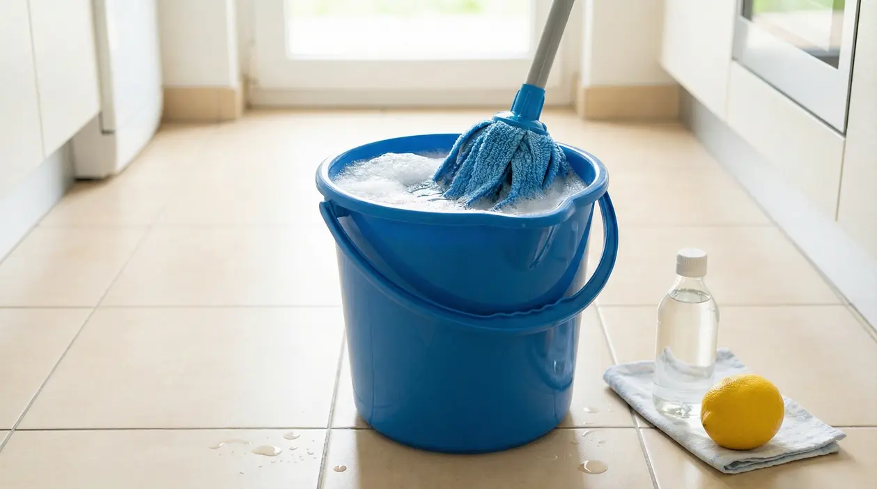 Secchio con acqua saponata e mop in microfibra su pavimento, con bottiglia e limone per una pulizia senza strisce