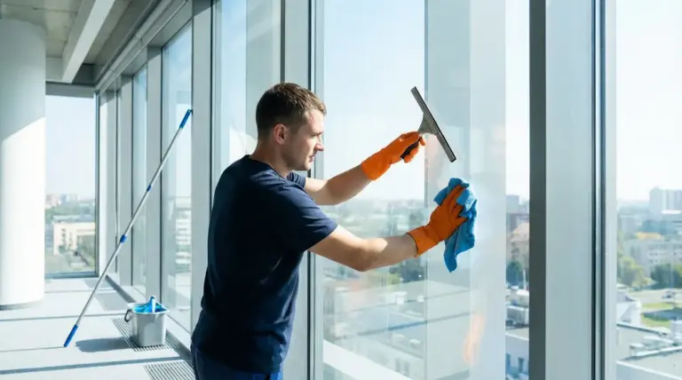 Persona che pulisce una grande vetrata con tergivetro e panno in microfibra, per ottenere vetri senza aloni