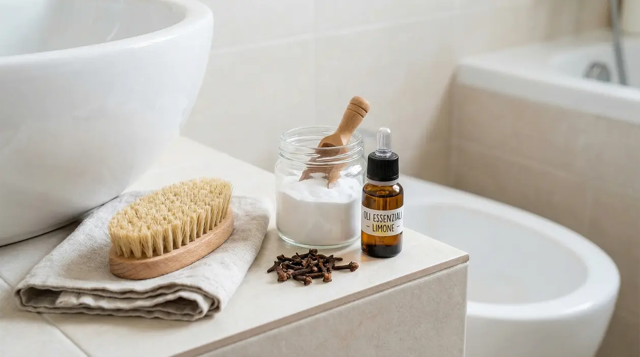 Ingredienti naturali per pulire il wc: bicarbonato in barattolo, olio essenziale al limone e spazzola in bagno