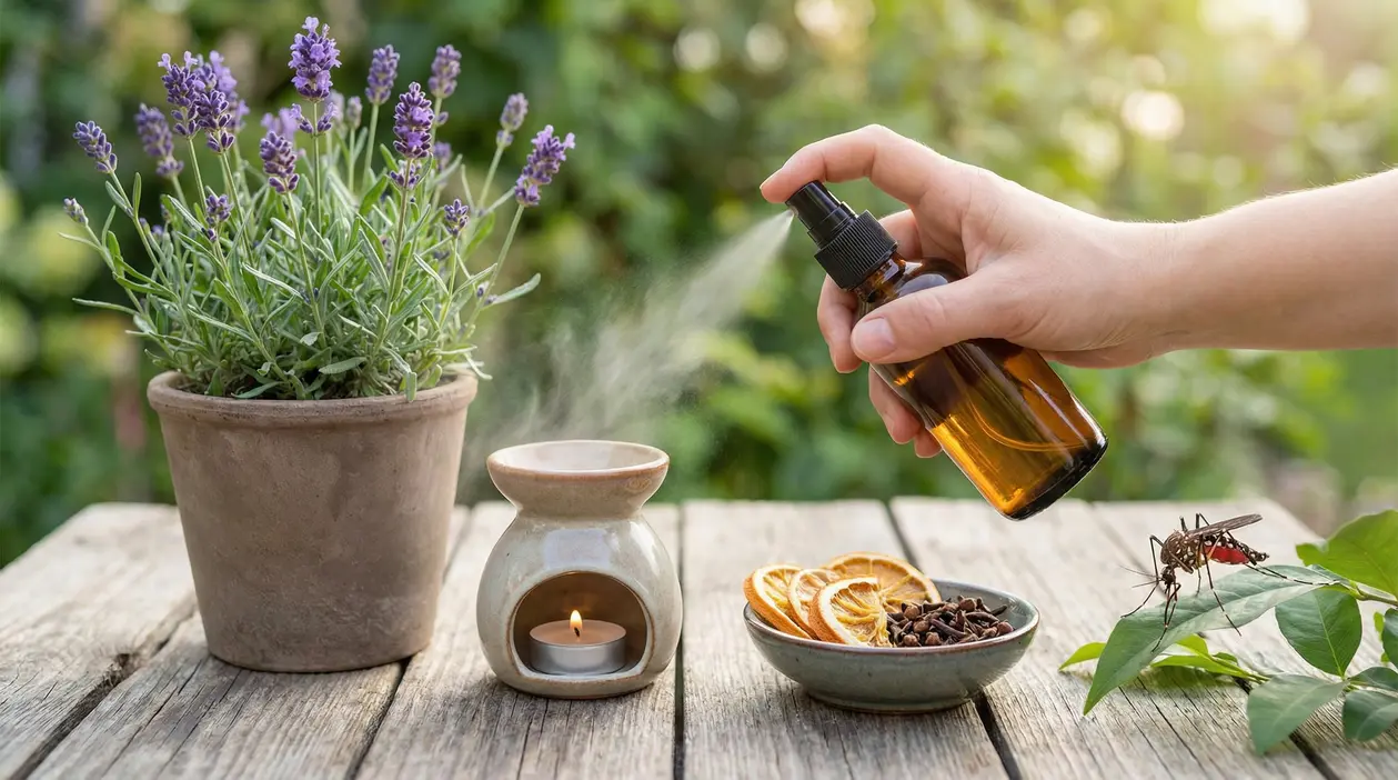 Spray naturale alla lavanda per allontanare gli insetti, con pianta in vaso e oli essenziali su un tavolo