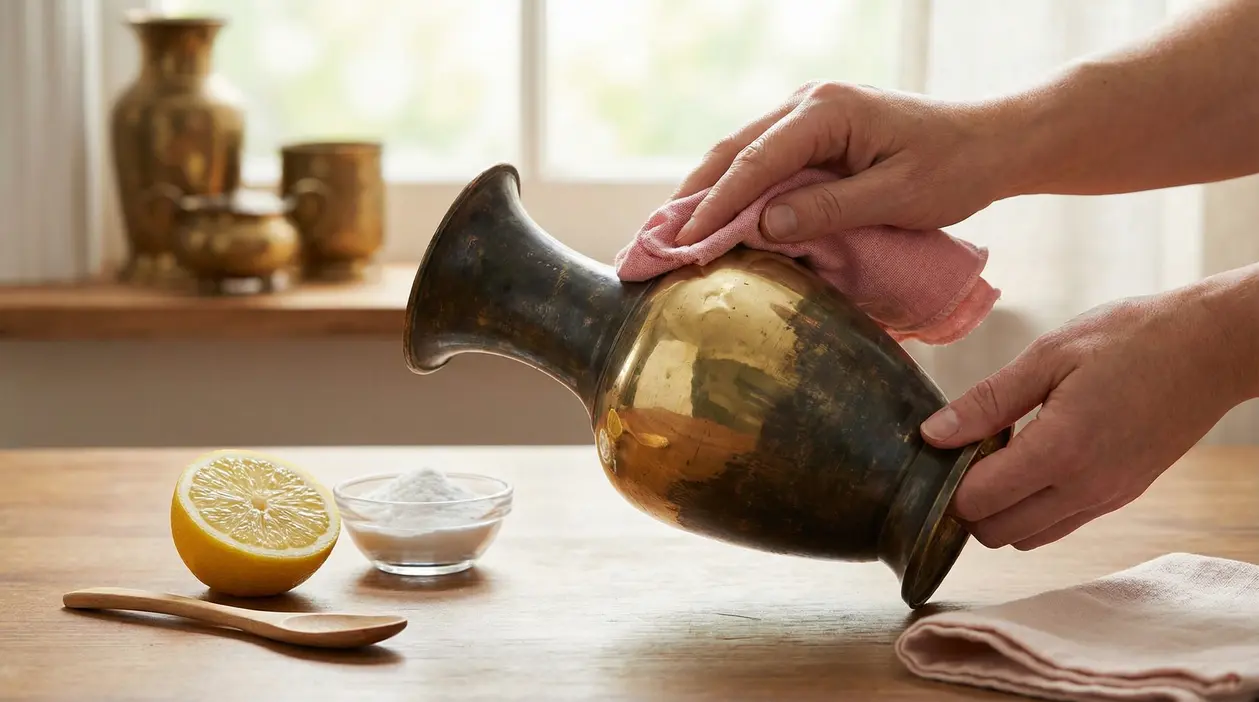Mani che puliscono un vaso di ottone ossidato con un panno, con limone e bicarbonato sul tavolo