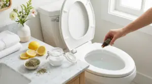 Mano che versa olio essenziale nel WC con limoni, bicarbonato e rosmarino su un piano in marmo