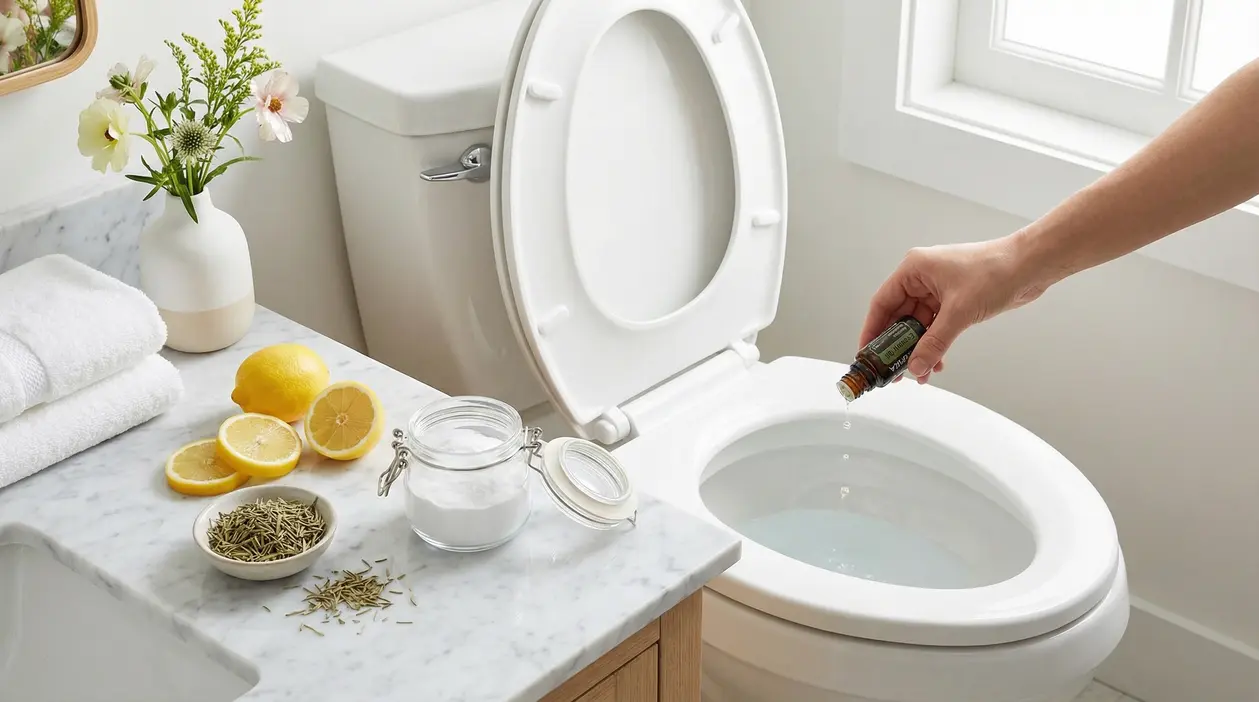 Mano che versa olio essenziale nel WC con limoni, bicarbonato e rosmarino su un piano in marmo