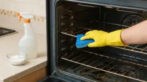 Mano con guanto giallo pulisce la griglia di un forno incrostato con una spugna, accanto a spray e bicarbonato